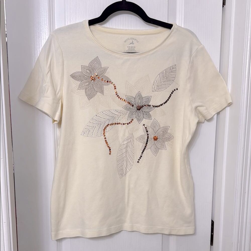 White stag tee floral sequin ivory cotton top size M (8/10)